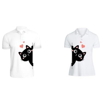 BYFT 110101009974 Couple Printed Cotton T Shirt Kitty Personalized Polo Neck T Shirt Medium Set of 2 pcs White 220 GSM