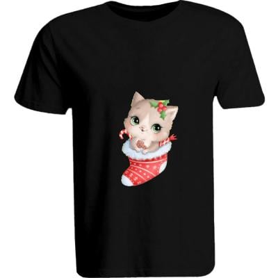 BYFT 110101009737 Holiday Themed Printed Cotton T-Shirt Cat inside Christmas Stockings Unisex Personalized Round Neck T-Shirt Medium Black
