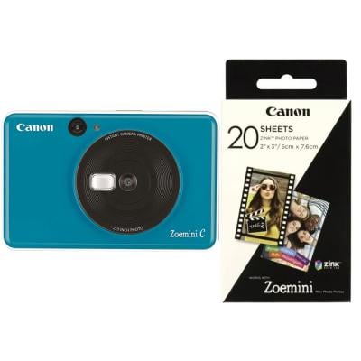Canon 3884C007Aa Zoemini C Instant Camera Sea Side Blue with Canon Zink 2x3 Glossy Photo Paper 20 Sheets
