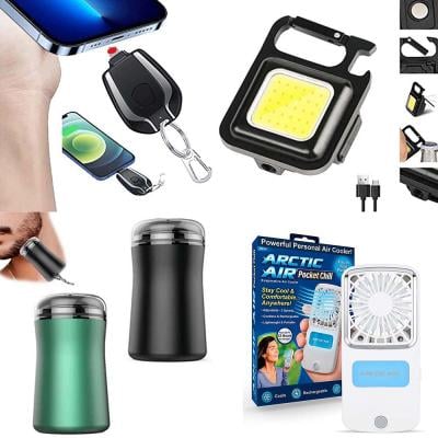 4 in 1 Mini Power Fast Charging Powerbank with Type-c and Lightening Pin 1500mah with Small Flashlights 800Lumens Bright Mini Flashlight and Mini Pocket Size Electric Razor, Arctic Pocket Chill Rechargeable Air Cooler