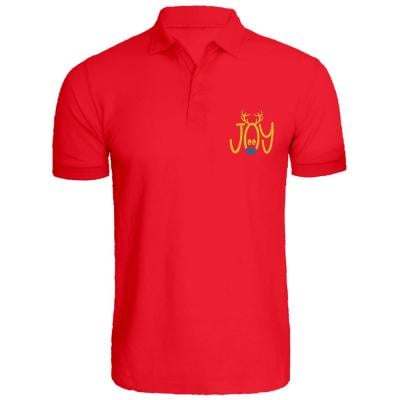 BYFT 110101009660 Holiday Themed Embroidered Cotton T Shirt Reindeer Joy Personalized Polo Neck T Shirt Red Medium