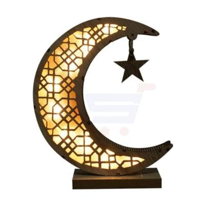 Ramadan Eid Mubarak Ornaments Wooden Moon Shape Night Light LED Muslim Ramadan Table Light Crafts Desktop Decoration for Festival Home Party