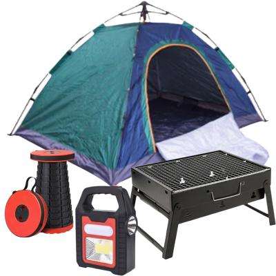 4 in 1 Camping Bundle, Camping Tent, Pop Up Chair, BBQ Grill and Solar Lamp