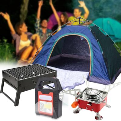 4 in 1 Camping Pack Automatic 2 Person Pop Up Tent BBQ Charcoal Grill Portable Butane Gas Stove with Multifunctional Solar Lamp