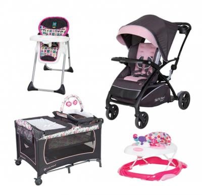 Babytrend CWTB04145 Sit N Stand 5 in 1 Shopper Stroller and Sit Right 3 in 1 High Chair and WK38D34A Orby Activity Walker Pink and PY81B141 Lil Snooze Deluxe Nursery Cente 