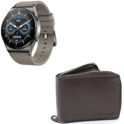 Special Combo Offer G-Tab GT3 Smart Watch With Leather Strap Grey With Core Leather Wallet Collection Core027