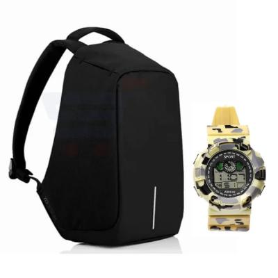 2 in 1 Combo Offer Anti-Theft Backpack with USB Port and Digital Analogue Sport watch WR30M Off White, ALG005