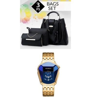 2 In 1 Wide Space Bags Set of 3 Pieces, Grey, Luxury Fashion Unisex Watch With Waterproof Gold With Blue