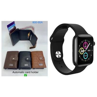 2 in 1 combo of Mens Fasion Automatic Card Holder Wallet with T500 Waterproof Bluetooth Smart Watch for iPhone iOS Android