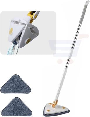 Triangle Mop, White Adjustable Triangle Cleaning Mop with Automatic Water Squeezing Function, Long Handle Mop for Wall Ceiling Window, with Reusable Mop Heads cloth