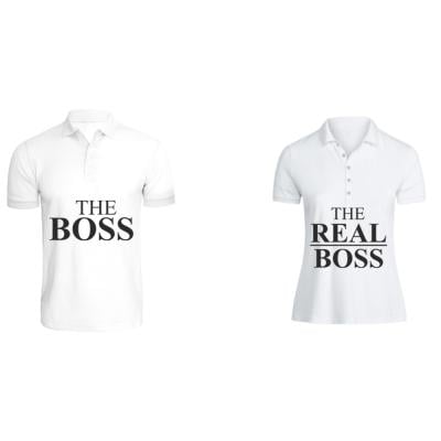 BYFT 110101009973 Couple Printed Cotton T Shirt The Boss and The Real Boss Personalized Polo Neck T Shirt Medium Set of 2 pcs White 220 GSM