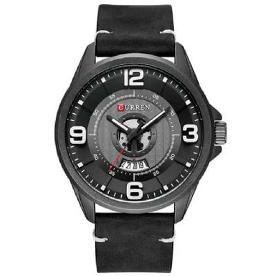Curren 8305 Round Leather Wrist Watch Black