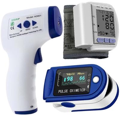 3 In 1 Healthcare Combo Fingertip Pulse Oximeter Blue And White, LK87, Elony Automatic Digital LED Monitor Display Wrist Blood Pressure Meter, CK-120S And AiQURA AD801 Digital Infrared Thermometer
