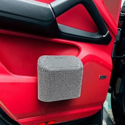 Artificial Diamond-Studded Car Trash Can, Car Interior Hanging Storage Box Automatic Cover Trash Can Bag Multi-functional Female Car Accessories