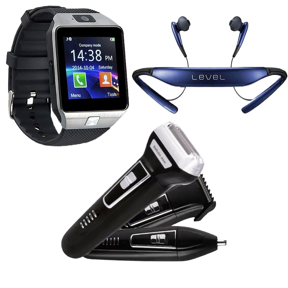 3 In One Bundle Pack, Yoko 3 in 1 YK-6558 Dry For Men - Clipper & Trimmer, MidSun M9 Smart Watch with SIM Slot, Camera And Bluetooth, Level Wireless Bluetooth Neckband Headset With Mic