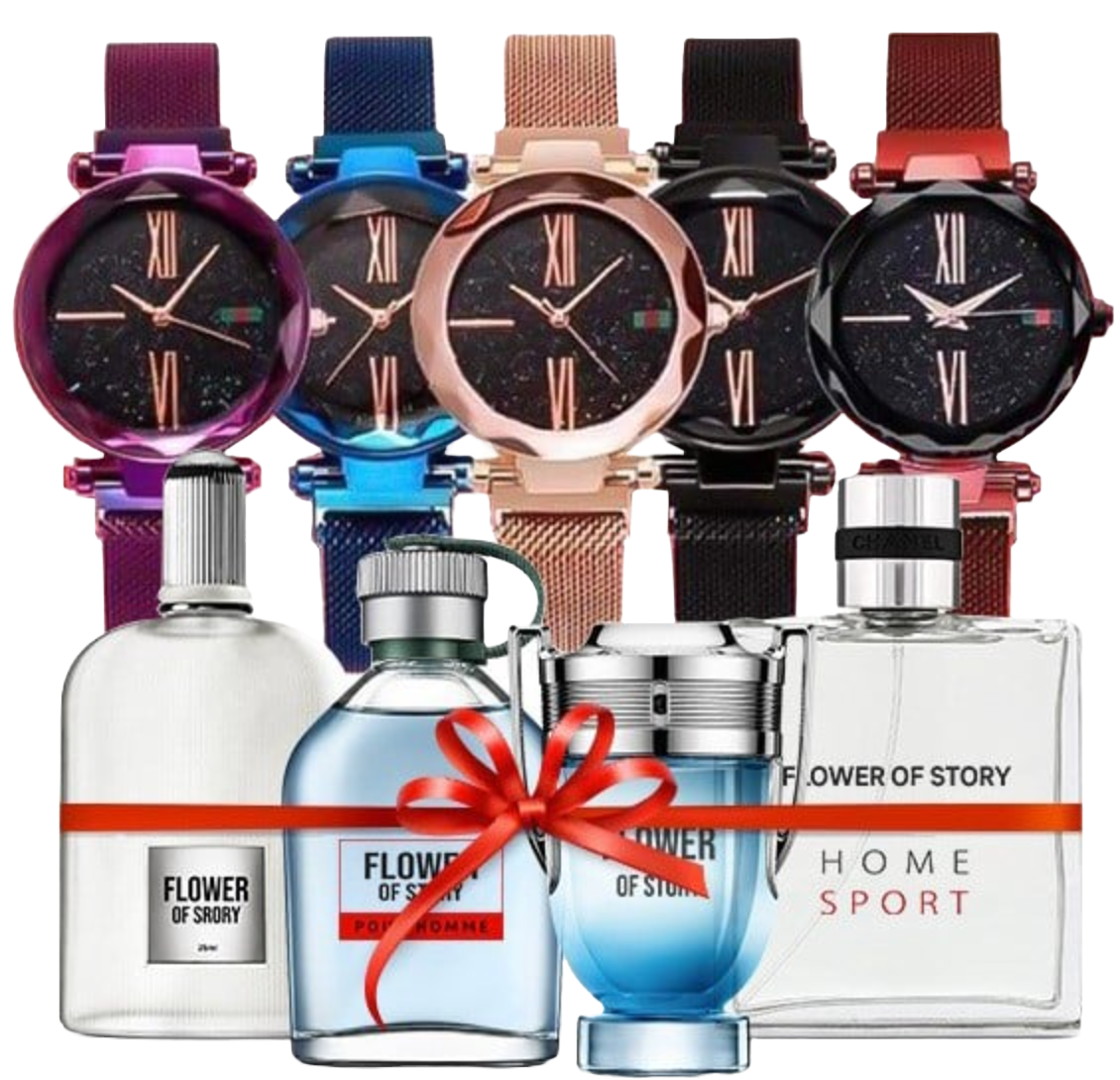 2 in 1 Bundle Pack 5 in 1 DVANS Stylish Watch For Women Assorted Colors With Flower of Story Perfume gift set, 25ml x 4 Piece, PCP01