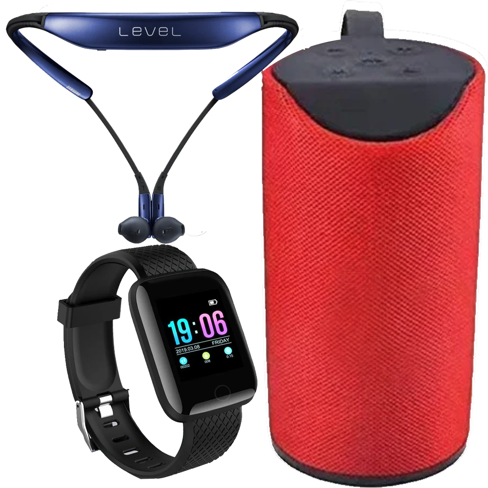 3 IN 1 Bundle Offer D13 Smart Watches 116 Plus Heart Rate Watch Smart Wristband Sports Watch Android, Level Wireless Bluetooth Neckband Headset with Mic And TG113 Bass Splashproof Wireless Bluetooth Speaker