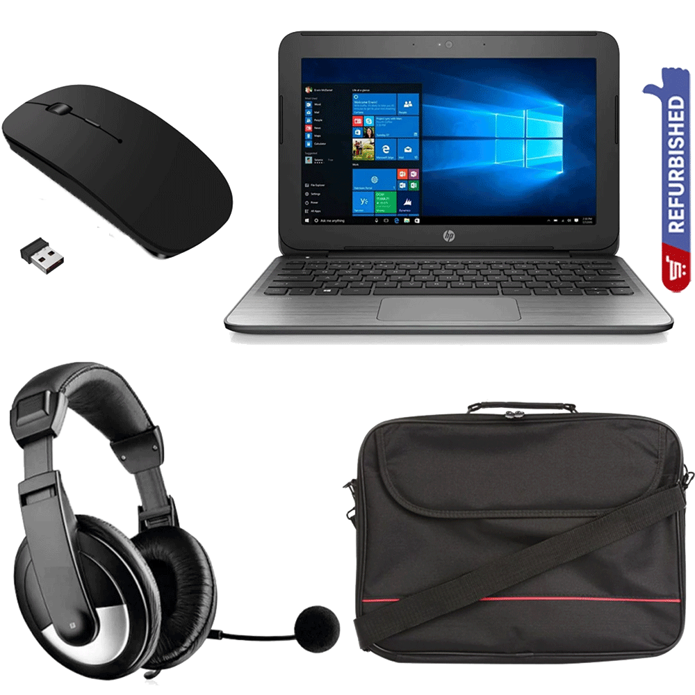 Bundle Offer HP Stream Pro 11 Notebook 11.6 Inch Intel Celeron Processor 4GB RAM, 64GB SSD Windows 10, Refurbished, Akorn Wired PC Headset, Wireless Optical Bluetooth Mouse And Laptop Bag