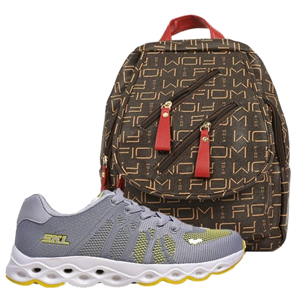 2 in 1 Fashion Womens Fashion Bundle, SKL Non Stop Ladies Sports Shoe, Gray, Ladies Back Pack Bag Assorted -233201